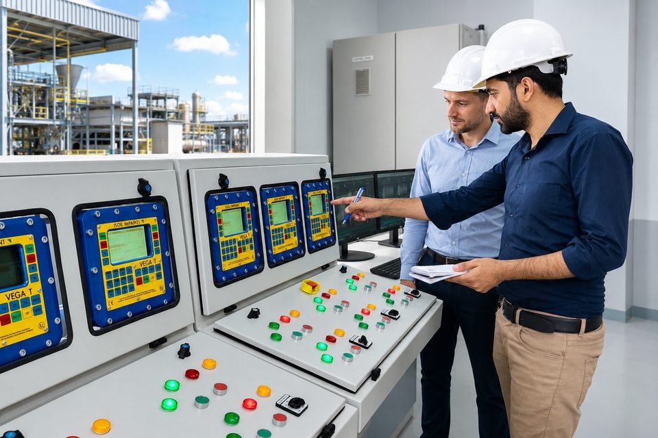 Two engineers reviewing set-points at a control desk, with operator panels and SCADA screens in a process plant control room.